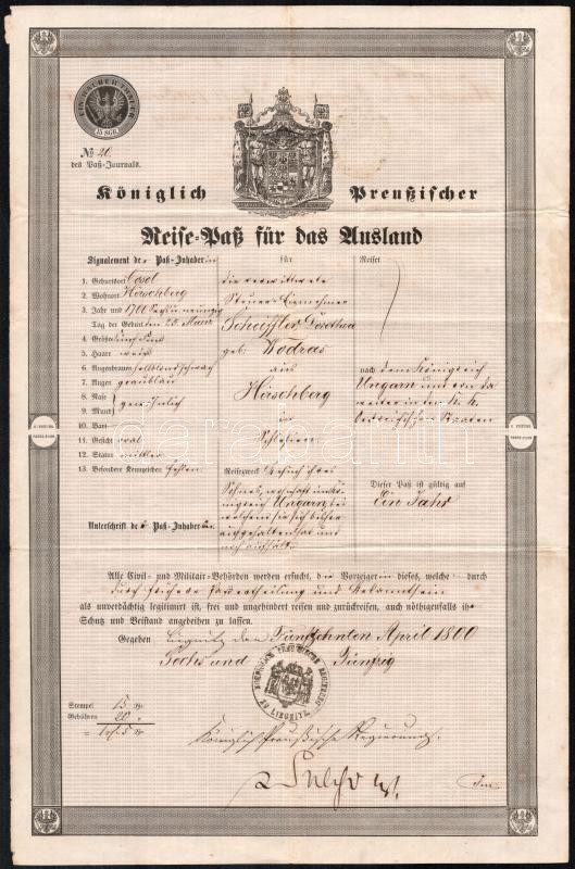 1800 Königlich Preussischer Reise-Pass für das Ausland / Porosz Királyság, útlevél külföldre, hajtásnyomokkal 38x24,5 cm / Kingdom of Prussia, passport (Reisepass)