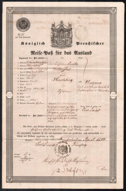 1800 Königlich Preussischer Reise-Pass für das Ausland / Porosz Királyság, útlevél külföldre, hajtásnyomokkal 38x24,5 cm / Kingdom of Prussia, passport (Reisepass)