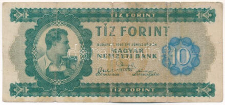 1946. 10Ft 'A 434 039094' T:F,VG folt, kis szakadások / Hungary 1946. 10 Forint 'A 434 039094' C:F,VG spot, small tears Adamo F1