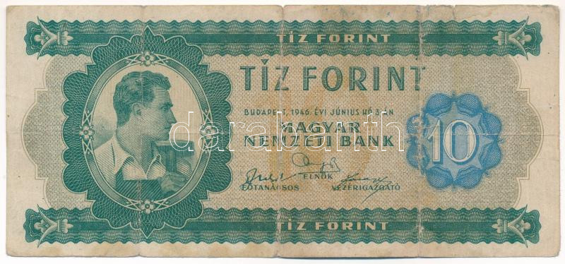 1946. 10Ft 'A 434 039094' T:F,VG folt, kis szakadások / Hungary 1946. 10 Forint 'A 434 039094' C:F,VG spot, small tears Adamo F1