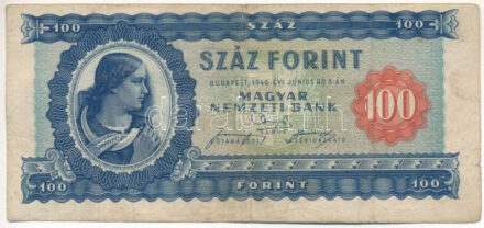 1946. 100Ft 'B 095 006902' T:F folt, kis beszakadás / Hungary 1946. 100 Forint 'B 095 006902' C:F spot, small tear Adamo F26
