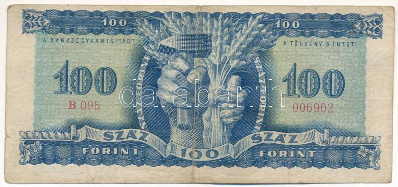 1946. 100Ft 'B 095 006902' T:F folt, kis beszakadás / Hungary 1946. 100 Forint 'B 095 006902' C:F spot, small tear Adamo F26 - Image 2
