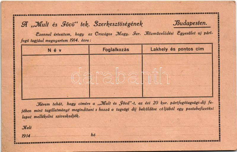 'Múlt és Jövő' zsidó kulturális folyóirat megrendelőlapja. Országos Magy. Izraelita Közművelődési Egyesület pártfogó tagjának 1914. évi nyereménye. Judaika / Hungarian Jewish magazine (EK) - Image 2