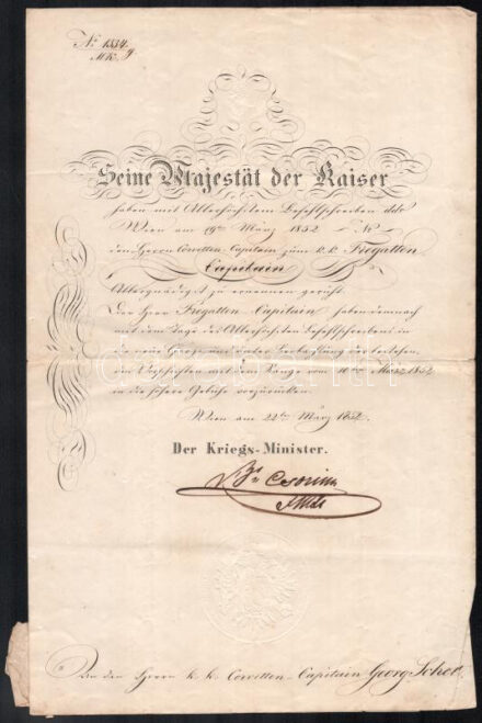 1852 Fregattkapitányi kinevező oklevél, Georg Schott, az Osztrák Magyar Cs. és Kir. Haditengerészet (K.u.K. Kriegsmarine) tisztje részére; Anton Csorich von Monte Creto (1794-1864) báró, hadügyminiszter autográf aláírásával (az