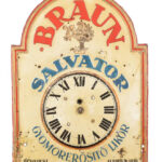 cca 1910 Braun Salvator reklámóra. Hiányos, festett fém. 26x47 cm