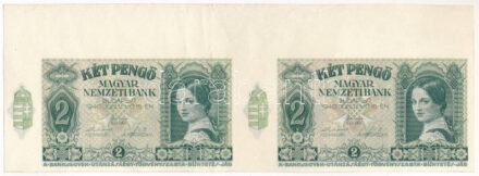 1940. 2P (2x) kettes ívtöredék, '050566'-ra végződő, de különböző kezdetű sorszámmal' T:F szép papír / Hungary 1940. 2 Pengő (2x) in sheet, both ending with '050566', but with a different serial number C:F fine paper Adamo P2
