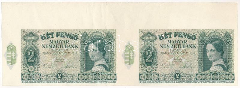 1940. 2P (2x) kettes ívtöredék, '050566'-ra végződő, de különböző kezdetű sorszámmal' T:F szép papír / Hungary 1940. 2 Pengő (2x) in sheet, both ending with '050566', but with a different serial number C:F fine paper Adamo P2