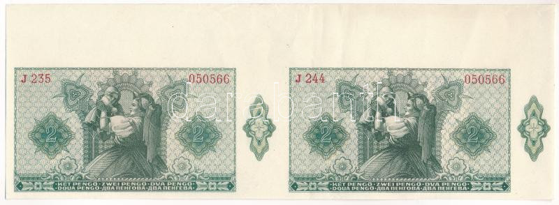 1940. 2P (2x) kettes ívtöredék, '050566'-ra végződő, de különböző kezdetű sorszámmal' T:F szép papír / Hungary 1940. 2 Pengő (2x) in sheet, both ending with '050566', but with a different serial number C:F fine paper Adamo P2 - Image 2