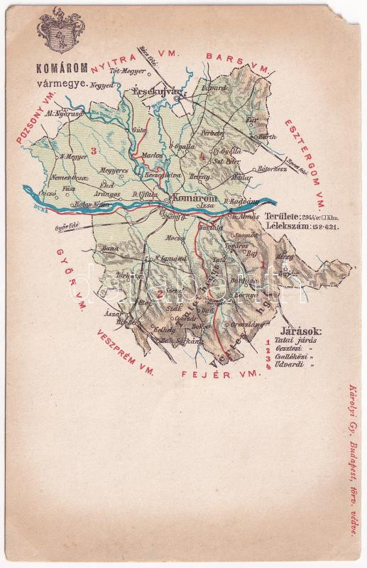 Komárom vármegye térképe. Kiadja Károlyi Gy. / Komárnanská zupa / Map of Komárom County (EM)