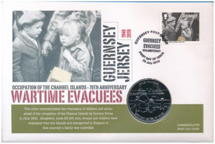 Jersey 2010. 5P 'Háborúban a Brit-szigetek - Háborús evakuáció' Cu-Ni forgalomba nem került emlékkiadás felbélyegzett borítékban, első napi bélyegzéssel T:BU patina Jersey 2010. 5 Pounds 'British isles in war - Wartime evacuation'