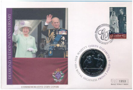 Jersey 2007. 5P 'Gyémántlakodalom' Cu-Ni forgalomba nem került emlékkiadás felbélyegzett borítékban, első napi bélyegzéssel T:BU Jersey 2007. 5 Pounds 'Diamond Wedding' Cu-Ni non-circulating commemorative coin in envelope with stamp,