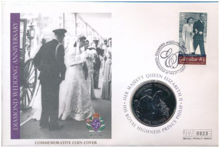 Jersey 2007. 5P 'Gyémántlakodalom' Cu-Ni forgalomba nem került emlékkiadás felbélyegzett borítékban, első napi bélyegzéssel T:BU patina Jersey 2007. 5 Pounds 'Diamond Wedding' Cu-Ni non-circulating commemorative coin in envelope with