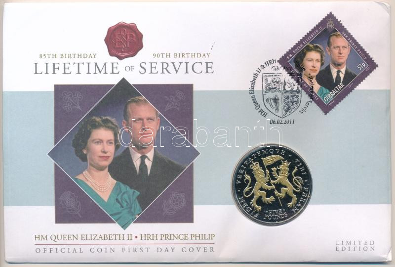 Jersey 2011. 5P 'Élethosszig tartó szolgálat - II. Erzsébet királynő születésének 85., Fülöp herceg születésének 90. évfordulójára' Cu-Ni forgalomba nem került emlékkiadás felbélyegzett borítékban, első napi bélyegzéssel