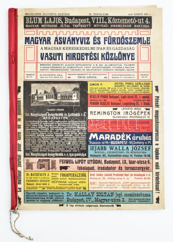 1909 Magyar ásványvíz és fürdőszemle vasúti hirdetési kartontáblája, ritka - Image 3