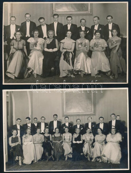 1937.II.1. Bp., Széchenyi Bál, elegáns hölgyek és urak csoportja, 3 db fotó, Schäffer Gyula pecséttel jelzett felvételei, 17,5x11,5 cm