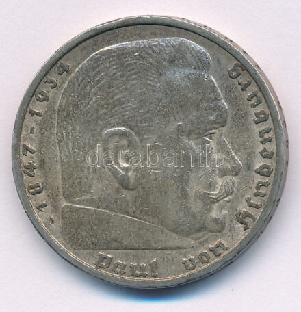 Német Harmadik Birodalom 1936D 5M Ag 'Hindenburg' T:XF patina German Third Reich 1936D 5 Marks Ag 'Hindenburg' C:XF patina