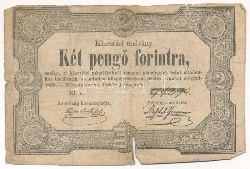 1849. 2Ft 'Kincstári utalvány' 'EE n. 94294' T:VG anyaghiány Adamo G108