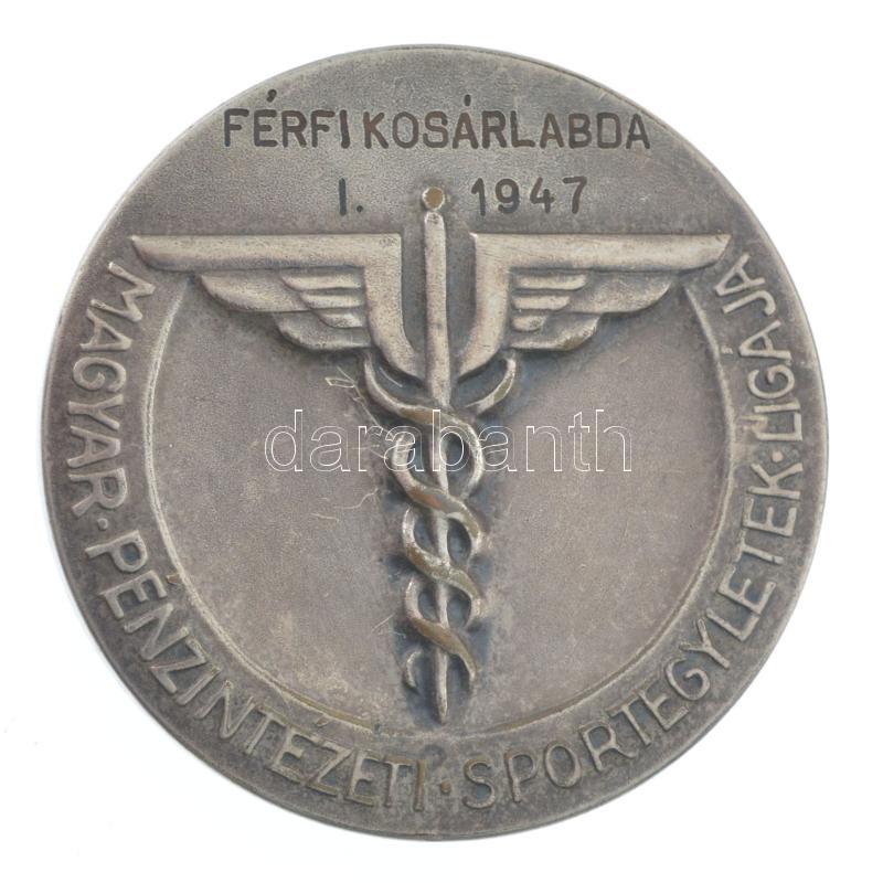Matskássy Gyula (1912-1971) 1947. 'Bajnoki Érem / Magyar Pénzintézeti Sportegyletek Ligája' ezüstözött bronz díjérem, hátoldalán 'Férfi Kosárlabda I. 1947' gravírozással (40mm) T:AU kissé kopott ezüstözés / Hungary 1947. - Image 2