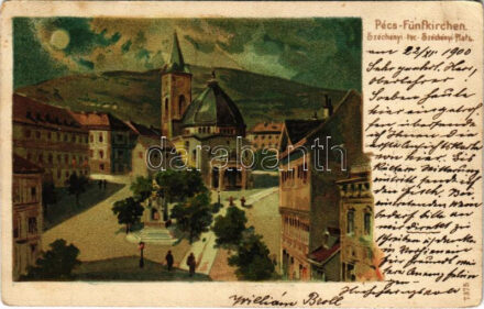 1900 Pécs, Fünfkrichen; Széchenyi tér este. litho (EB)