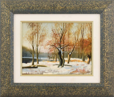 Erdélyi Tibor (1961-): Téli táj.. Olaj, farost. Jelzett. 16x20 cm. Dekoratív fakeretben.