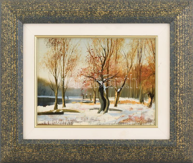 Erdélyi Tibor (1961-): Téli táj.. Olaj, farost. Jelzett. 16x20 cm. Dekoratív fakeretben.