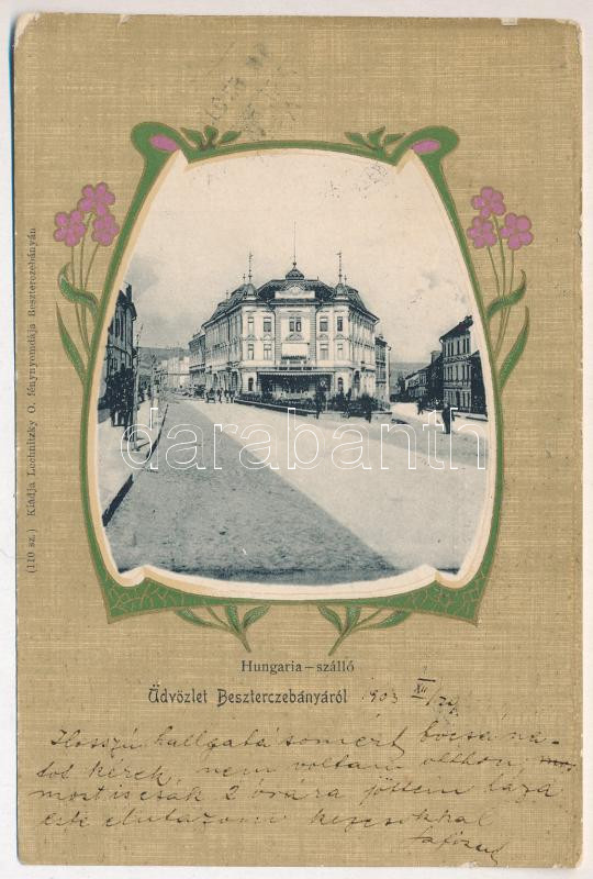 1903 Besztercebánya, Banská Bystrica; Hungária szálloda. Kiadja Lechnitzky O. fénynyomdája 110. sz. / hotel. Art Nouveau, floral, litho frame (b)