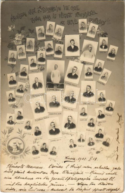 1902 Kassa, Kosice; A kassai Katolikus főgimnázium VIII. oszt. tanári kara és végzett növendékei az 1901/2. tanévben, tabló / Catholic grammar school's tableau with teachers and graduated students. Floral. Skalnik és Fia photo (EK)