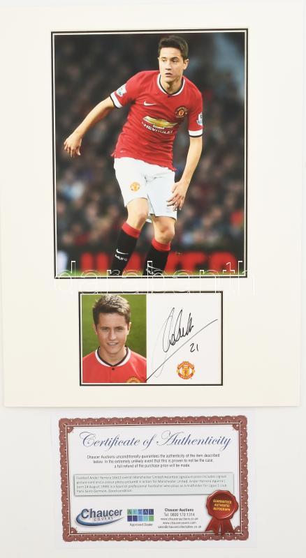 Ander Herrera spanyol labdarúgó, a Manchester United volt játékosának autográf aláírása fotó-összeállításon, paszpartuban, tanúsítvánnyal, teljes méret: 40x30 cm / Autograph signature of Ander Herrera Spanish footballer, former