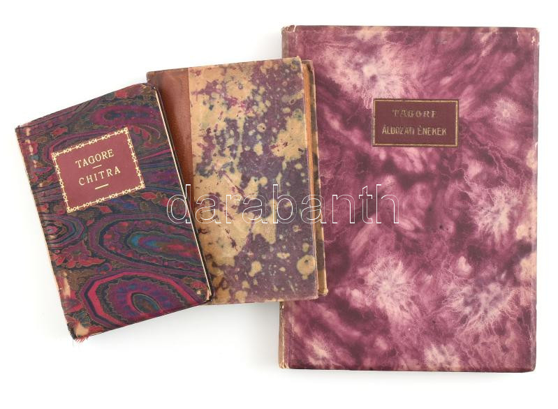 Rabindranath Tagore 3 műve: Áldozati énekek. (Gitanjali.) Ford.: Szentirmay Gizella. Bp., 1921, 'Világirodalom',(Pápai Ernő-ny.) II. kiadás. Jaschik Álmos könyvdíszeivel. Kiadói kartonált papírkötésben, kissé kopott borítóval.