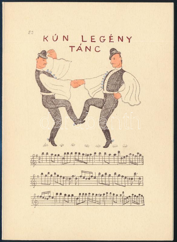 Pekáry István (1905-1981): Kún legény tánc. Rézkarc, akvarell, papír. Jelzett a karcon. Karácsonyi-újévi üdvözlőlap, Tamás Galéria kiadása, 1930-40 körül. 12,5x10 cm