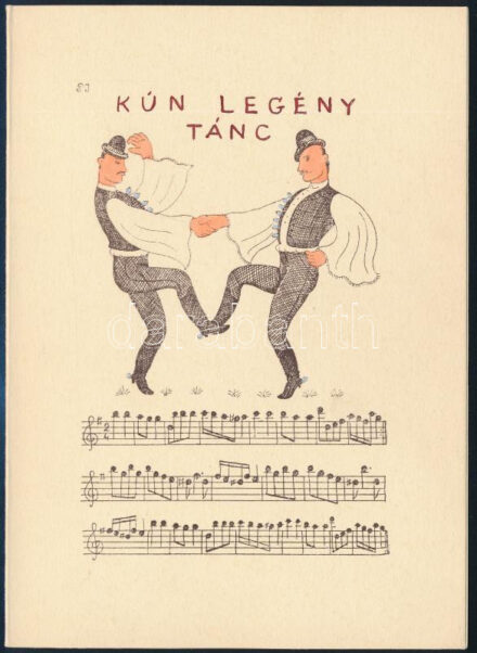 Pekáry István (1905-1981): Kún legény tánc. Rézkarc, akvarell, papír. Jelzett a karcon. Karácsonyi-újévi üdvözlőlap, Tamás Galéria kiadása, 1930-40 körül. 12,5x10 cm