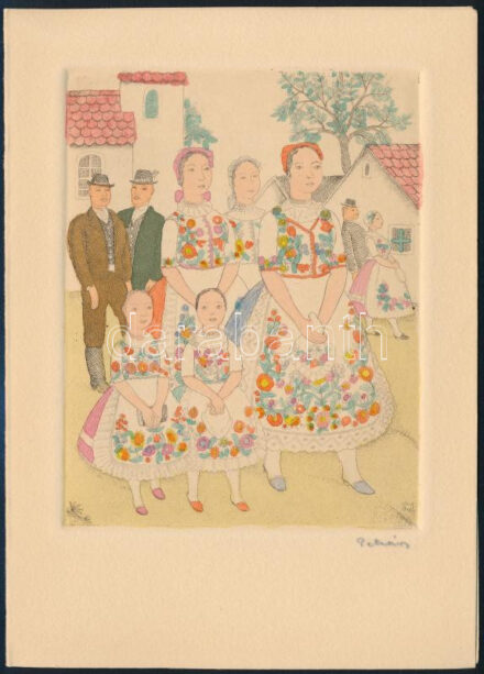 Pekáry István (1905-1981): kalocsai mintás népviselet. Rézkarc, akvarell, papír. Jelzett a karcon. Karácsonyi-újévi üdvözlőlap, Tamás Galéria kiadása, 1930-40 körül. 13x10 cm