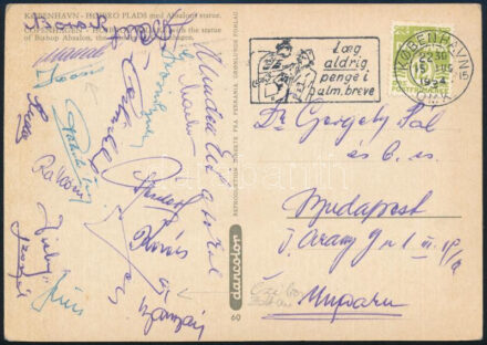 1954 A Ferencváros labdarúgócsapat tagjai által aláírt képeslap sok Arancsapat játékosal Czibor, Kocsis, Grosics, Bozsik. Dániai vendégjátékról / 1954 Autograph signed postcard of the Ferencvaros Hungarian football team from Denmark