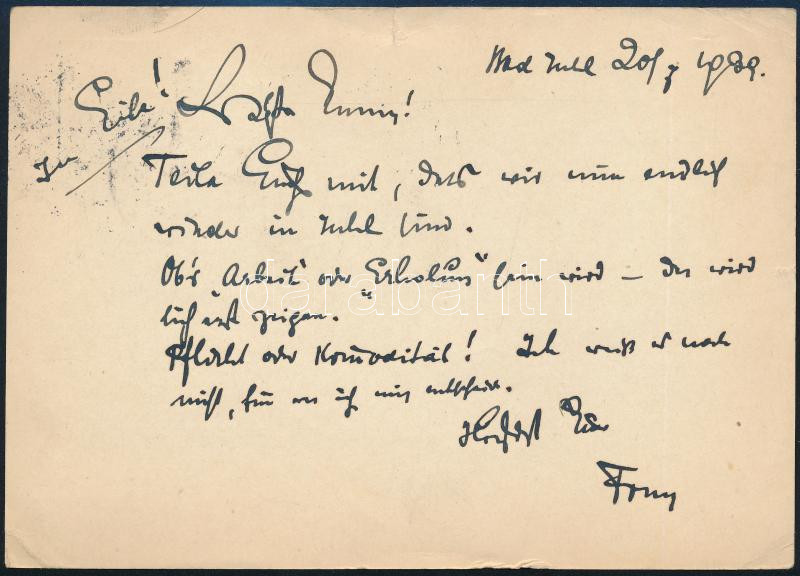 1939 Lehár Ferenc (1870-1948) zeneszerző német nyelvű, autográf levelezőlapja Papházy Istvánnénak Bécsből / 1939 Autograph postcard of Franz Lehar (1870-1948) from Vienna - Image 2