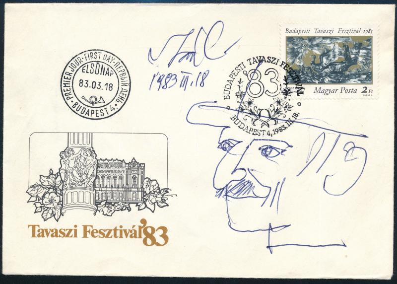 1983 Szász Endre (1927-2003) 2 db saját kezű tollrajza a Budapesti Tavaszi Fesztivál FDC-n az általa tervezett bélyeggel. - Image 2