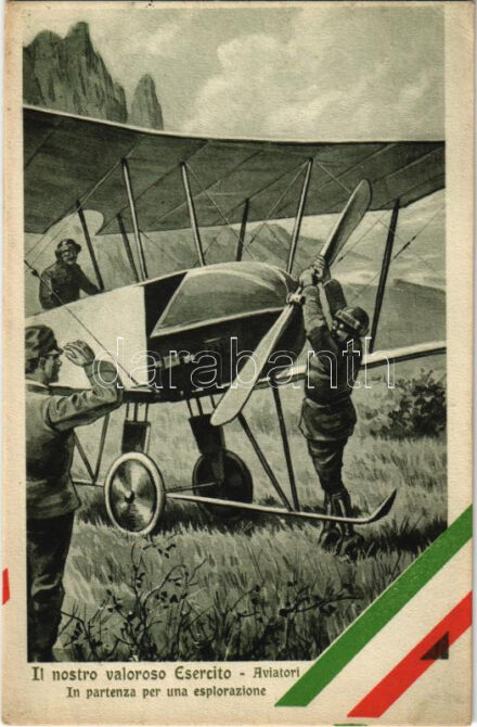 Il nostro valoroso Esercito - Aviatori. In partenza per una esplorazione / WWI Italian military art postcard, aviators leaving for an exploration, Italian flag (EK)