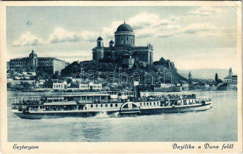 1933 Esztergom, Bazilika a Duna felől, 'Szent László' oldalkerekes gőzhajó (EK)