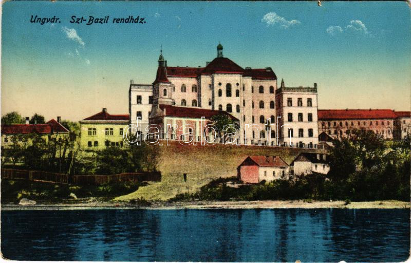 1916 Ungvár, Uzshorod, Uzhhorod, Uzhorod; Szent Bazil rendház / monastery, boarding school + 'UNGVAR - NYÍREGYHÁZA - DEBRECZEN 60 A' vasúti mozgóposta bélyegző (szakadások / tears)