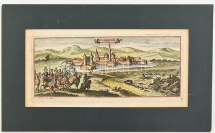 Szarvas látképe. Bouttats Gaspar: St. Servaes. Színezett rézmetszet. Megjelent: Peeters, J. - Sacr. Caes. Maj. Leopoldo, has Turcis ereptas, et favente Deo eripiendas Hongariae civitates (Antwerpen, 1686). 245x100 mm Paszpartuban