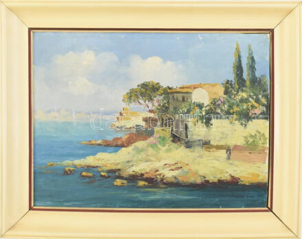 Fratuli jelzéssel: Vitorlások a távolban, 1935. Olaj, vászon, kartonon, kissé sérült, fakeretben, 30x40 cm.