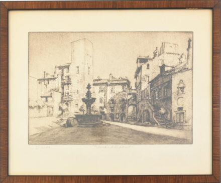Lénárd Lévy Róbert (1879-1936): Viterbo. Rézkarc, papír. Jelzett. 19,5x29,5 cm. Üvegezett, dekoratív fakeretben.