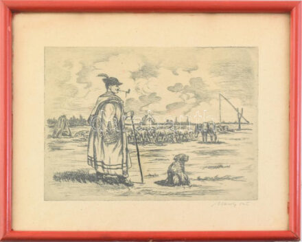 Olvashatatlan jelzéssel: Pásztor kutyájával. Rézkarc, papír, üvegezett fakeretben, 17x23 cm