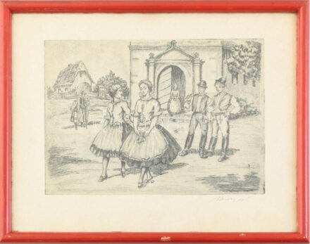 Olvashatatlan jelzéssel: Menyecskék és legények. Rézkarc, papír, üvegezett fakeretben, 17x23 cm