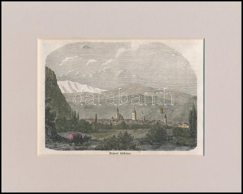 cca 1860 Brassó látképe. színezett fametszet Paszpartuban. 17x12 cm