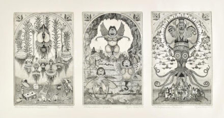 Nyári Lóránt (1928-1982), 3 db rézkarc egy lapon: Metamorfózis, 1978. Rézkarc, papír, jelzett, 28,5×18,5 (x3) cm