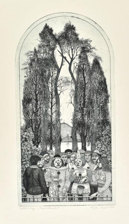 Nyári Lóránt (1928-1982): Gellérthegy - harlekinek! 1980. Rézkarc, papír, jelzett, 46,5×23,5 cm