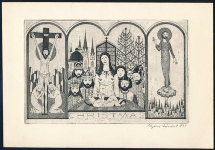 Nyári Lóránt (1928-1982): Karácsony (Christmas), 1975. Rézkarc, papír, jelzett, 13×20 cm