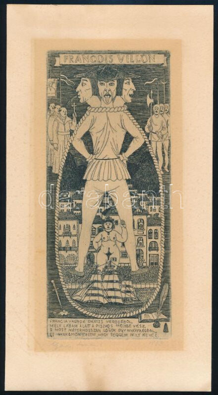 Nyári Lóránt (1928-1982): Francois Villon, 1973. Rézkarc, papír, jelzett, kissé foltos, 19×8 cm