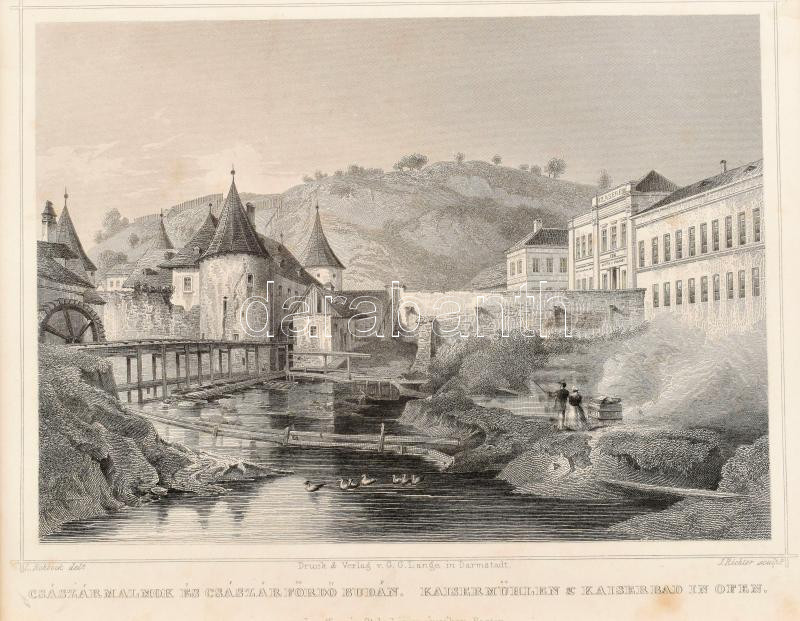 cca 1850-70 Ludwig Rohbock (1820-1883) - J. Richter: Császármalmok és Császárfördő Budán. Kaisermühlen und Kaiserbad in Ofen, Pest, Lauffer és Stolp, acélmetszet, jelzett a dúcon, 13x17 cm, teljes: 16x24 cm Paszpartuban