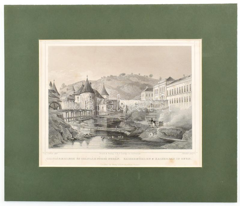 cca 1850-70 Ludwig Rohbock (1820-1883) - J. Richter: Császármalmok és Császárfördő Budán. Kaisermühlen und Kaiserbad in Ofen, Pest, Lauffer és Stolp, acélmetszet, jelzett a dúcon, 13x17 cm, teljes: 16x24 cm Paszpartuban - Image 2